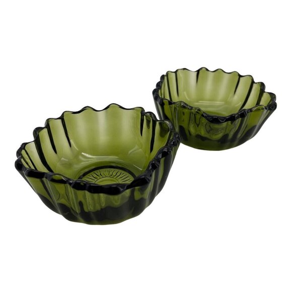 Vintage MCM Indian Glass Footed Bowls Footed Avacado Green Sunflower Scalloped - Picture 7 of 13